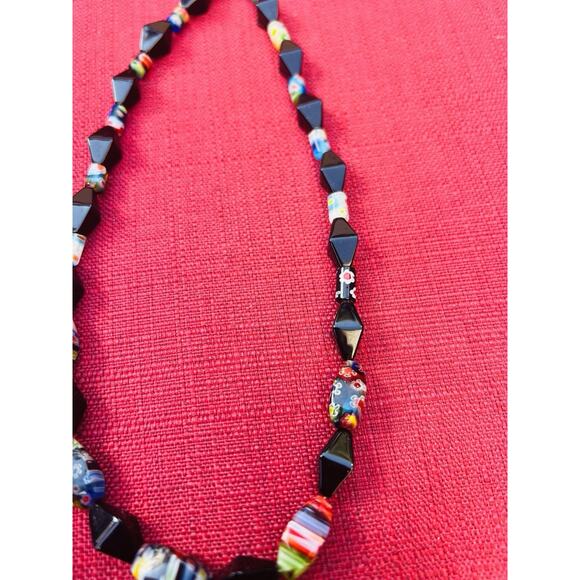 Millefiori Multicolored & Black Glass Beaded Necklaces 16” Artisan Boho T Clasp - Picture 5 of 11